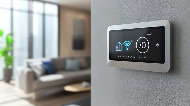 Modern smart thermostat on a wall in a stylish living room, showcasing digital display and home automation functionality.