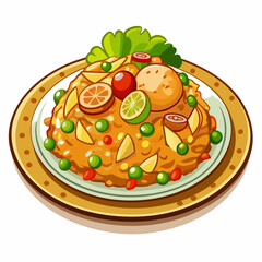 A Plate of Stir-Fried Rice with Vegetables and Meat