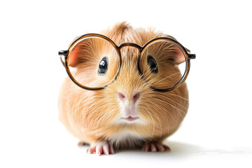 Guinea pig wearing round glasses isolated on a white background