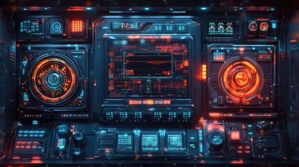 Fototapeta premium Futuristic Control Panel with Advanced Technology and Neon Red-Blue Interface