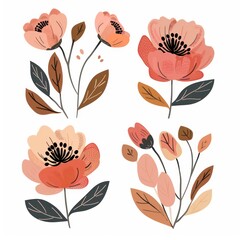 peonies flower set clipart illustration with simple graphics and soft amber, orange and pink colors