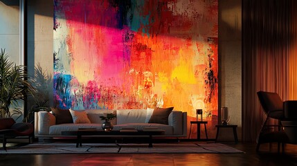Vibrant living room showcasing a stunning abstract wall art piece, modern furniture, and warm morning light.