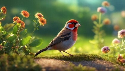 Illustrate a small finch nurturing growing plants in a field with ray tracing and volumetric lighting. 3D, storybook-style, high-quality digital art