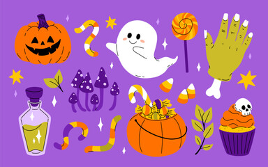 Cute kids Halloween set. Happy pumpkin, zombie hand, cute ghost, skull cupcake candy and witch potion. October holiday stickers, design elements bundle. Isolated flat vector illustrations