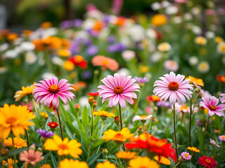 Experience the vibrant beauty of colorful spring flowers in full bloom, creating a stunning and serene garden backdrop. Perfect for nature lovers. AI Generative.