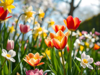 Fototapeta premium Experience the vibrant beauty of colorful spring flowers in full bloom, creating a stunning and serene garden backdrop. Perfect for nature lovers. AI Generative.