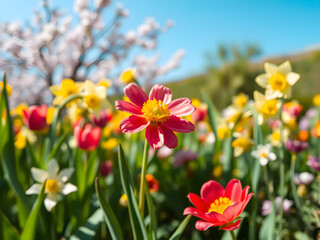 Obraz premium Experience the vibrant beauty of colorful spring flowers in full bloom, creating a stunning and serene garden backdrop. Perfect for nature lovers. AI Generative.