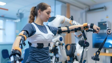 Woman using robotic arm for rehabilitation