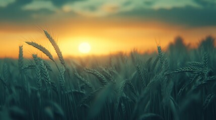 Naklejka premium Wheat field at sunset. Ears of golden wheat close-up. Beautiful rural landscape. Rich harvest concept.