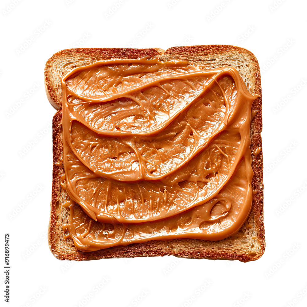 Wall mural top view of a square bread slice smeared with dulce de leche isolated on a white transparent backgro