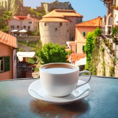 White cup and saucer with coffee on a table against the backdrop of the old city on a sunny day, vacation, walk, relaxation time