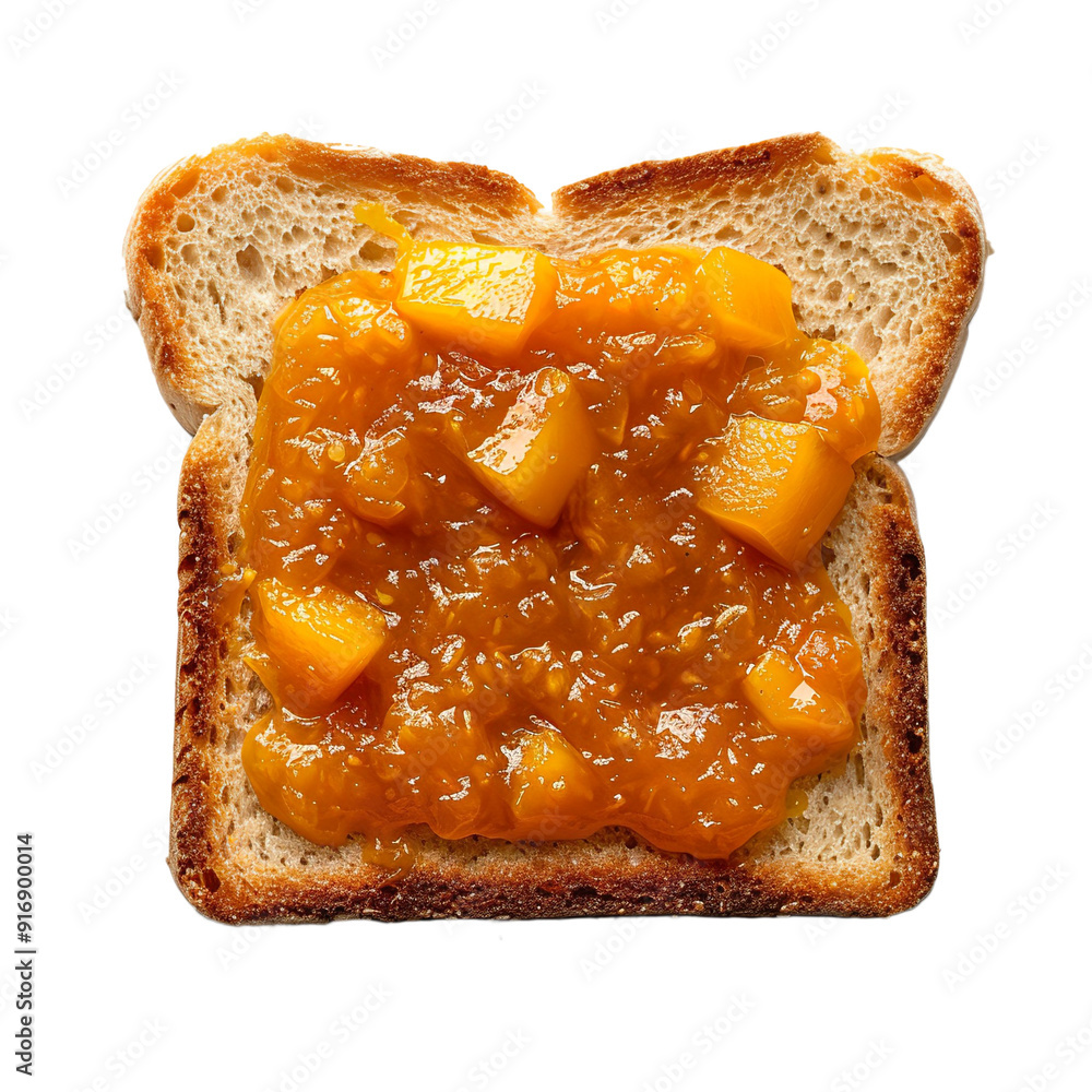 Wall mural top view of a square bread slice smeared with mango chutney isolated on a white transparent backgrou
