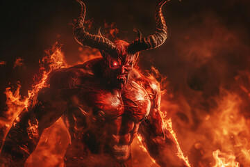 Powerful Hellish Demon, Muscular Titan, Red Skinned Beast, Long Horned Devil, Infernal Monster, Halloween Fright, Dramatic Photo