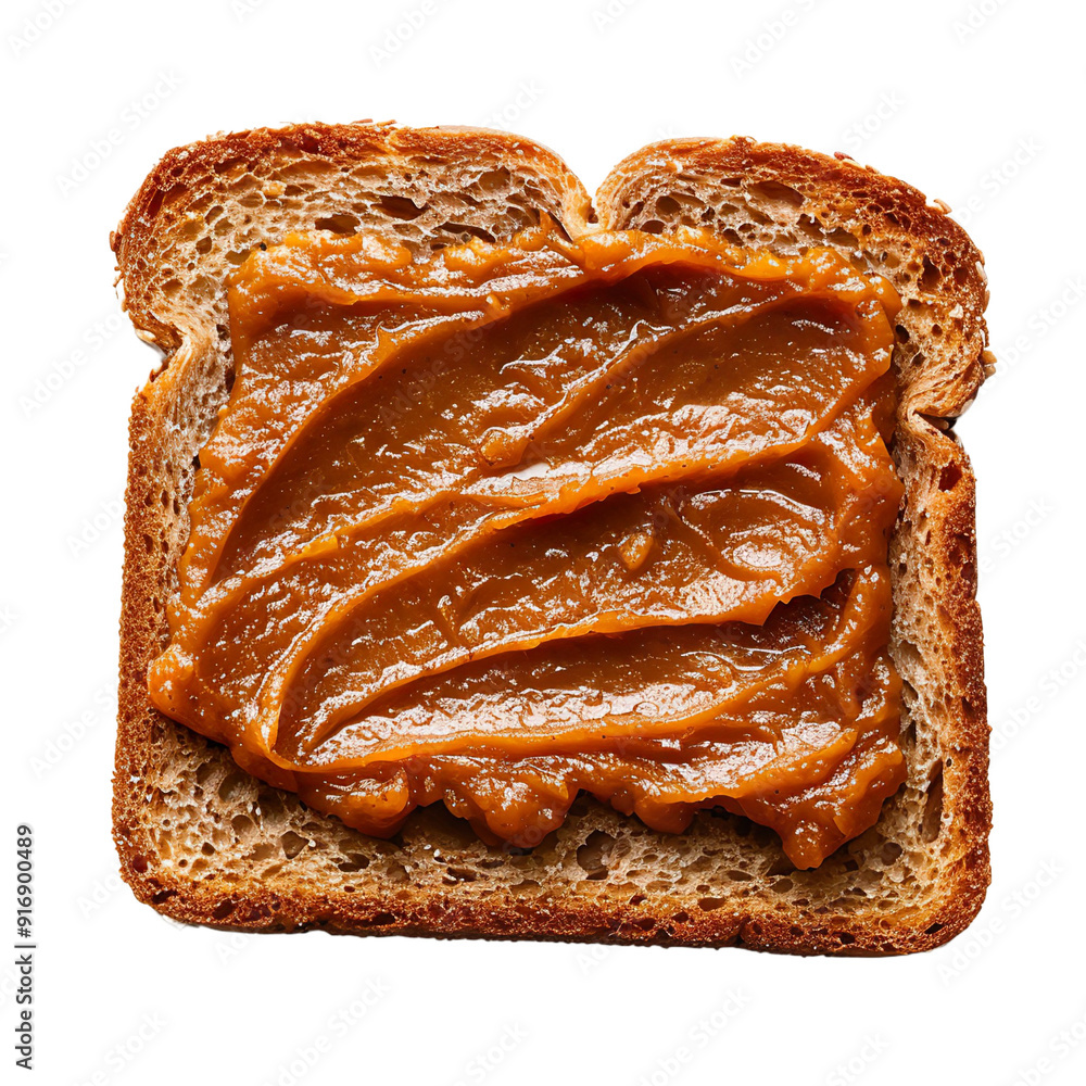 Wall mural top view of a square bread slice smeared with pumpkin butter isolated on a white transparent backgro