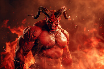 Powerful Hellish Demon, Muscular Horror, Red Skinned Beast, Long Horned Evil, Infernal Creature, Halloween Terror, Dark Fantasy