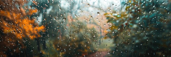 Raindrops on the car window with a blurred autumn landscape in the background evoking a sense of nostalgia