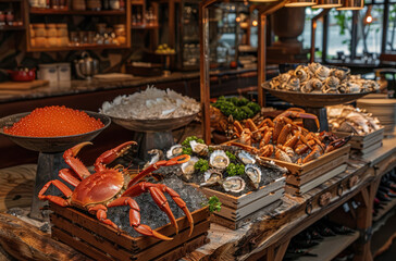 A lavish display of various types and sizes of seafood, including crabs, oysters, mussels, clams, scampi, lobster meat, and sliced swordfish.