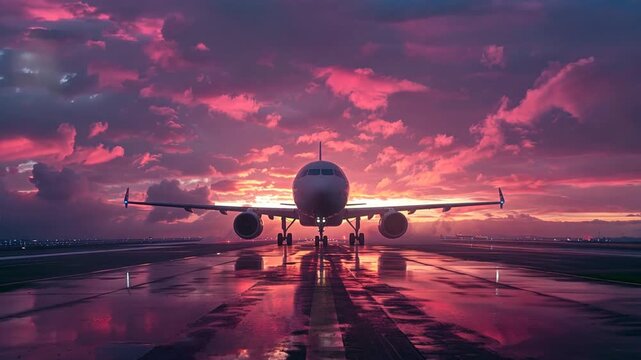 Aircraft on the runway at sunrise. Airplane at the airport. Big passenger plane on the runway road and pink morning sky. Front view.