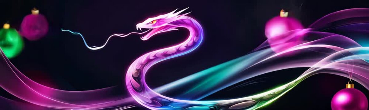 digital illustration of a serpentine dragon in motion with swirling hues of purple, blue, and green neon colors. Intro, Chinese calendar. Snake and dragon, symbol of year. Web site banner