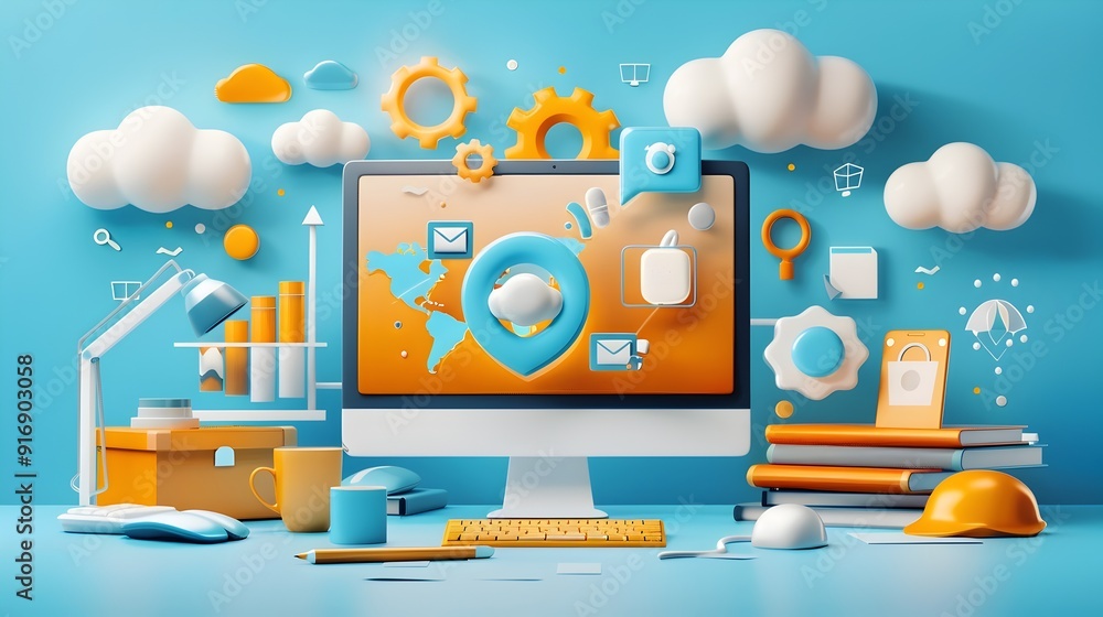Poster 3d illustration of computer with clouds and gears.