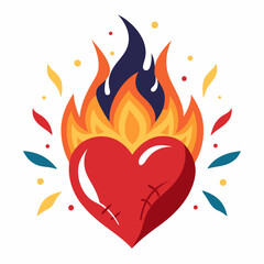 A red heart engulfed in flames with stitching