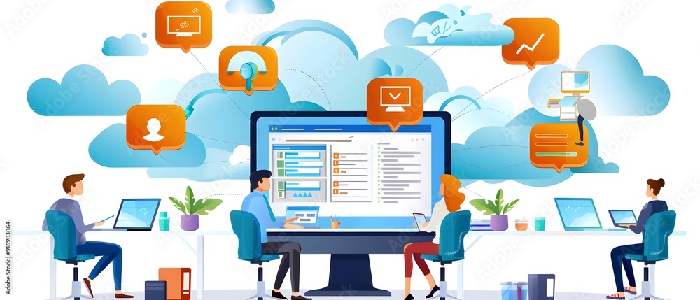 Poster cloud computing for business with team of people working.