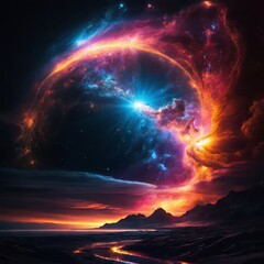 Obraz premium In a mesmerizing display of cosmic fireworks, a hypnotic holographic solar flare erupts with vibrant colors against the stark backdrop of an inky black sky. 