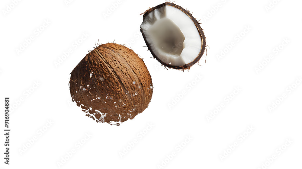 Poster falling coconut isolated on a white background with full depth of field, dynamic capture