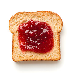 Slice of bread with strawberry jam top view isolated on white background