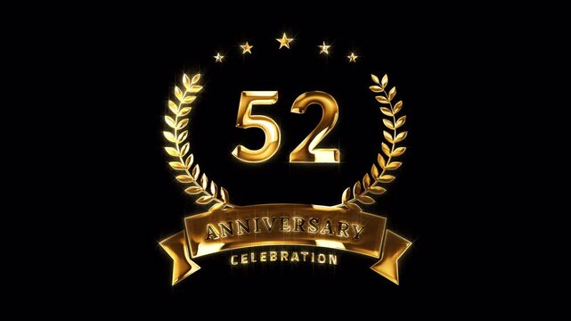 52nd Anniversary Celebration. Happy 52 Years Anniversary Animation in Gold Color on the Transparent Background, Alpha Channel. Great for greetings, celebrations, events, and gifts.