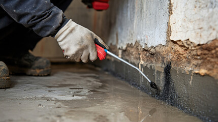 Technician Performing a Full Inspection of Newly Repaired Foundation for Leaks Using Professional Tools