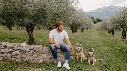 A man sits on an old stone wall in an olive grove, petting two dogs, surrounded by lush nature and a serene atmosphere