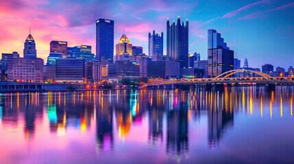 Fototapeta premium Vibrant City Skyline at Dusk with Illuminated Buildings and Reflections in the River. AI generated illustration