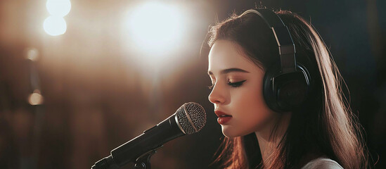 Young singer wearing headphones, singing into a mic.
Generative AI