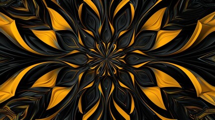 Symmetrical, abstract design featuring a mandala-like pattern with black and gold colors
