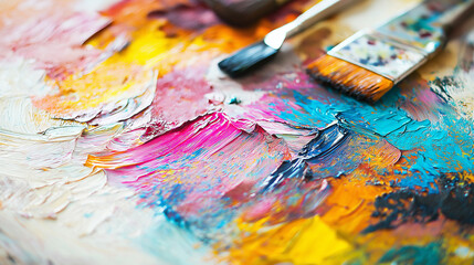 Fototapeta premium Closeup of colorful paint and paintbrushes on palette. ..