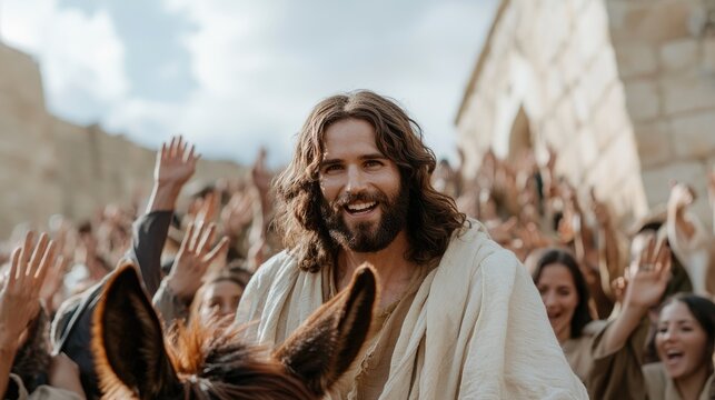 Triumphal entry scene: Jesus Christ rides into Jerusalem on donkey, met by jubilant crowds waving palm branches, symbolizing peace, prophecy, significance of Palm Sunday in Christian tradition.