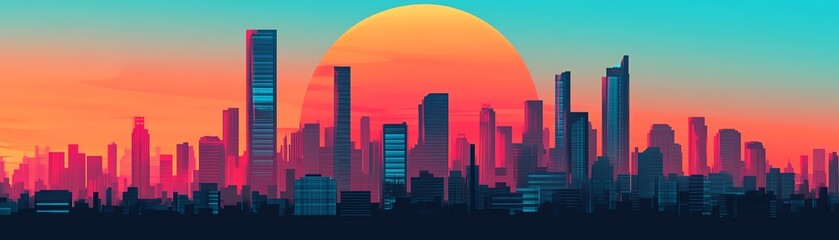 Fototapeta premium A vibrant city skyline against a colorful sunset, showcasing modern architecture and urban beauty in a stunning panoramic view.
