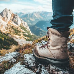 Adventure Beckons: A Close-Up of a Hiker's Boots on a Rocky Trail with a Breathtaking Mountain Landscape, Embracing the Essence of Exploration in Nature,Leisure vacation, travel