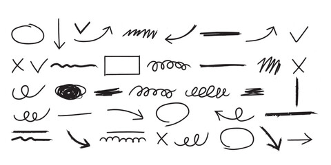 Arrow line hand drawn brush vector set. Grunge square, spiral, arrow element scribble line brush hand drawn sketch design. Doodle sketch elements, Vector illustration.