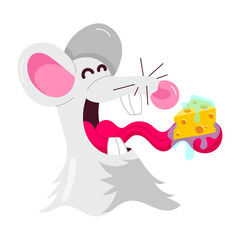 A flat sticker of mouse eating cheese 


