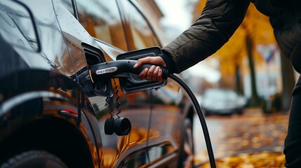 Charging an Electric Car on an Autumn Day