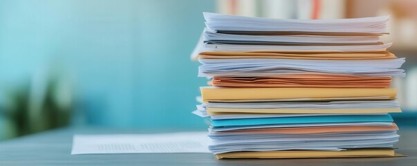 Startup workspace with a stack of resource documents, including legal forms, business plans, and marketing strategies, representing organized planning