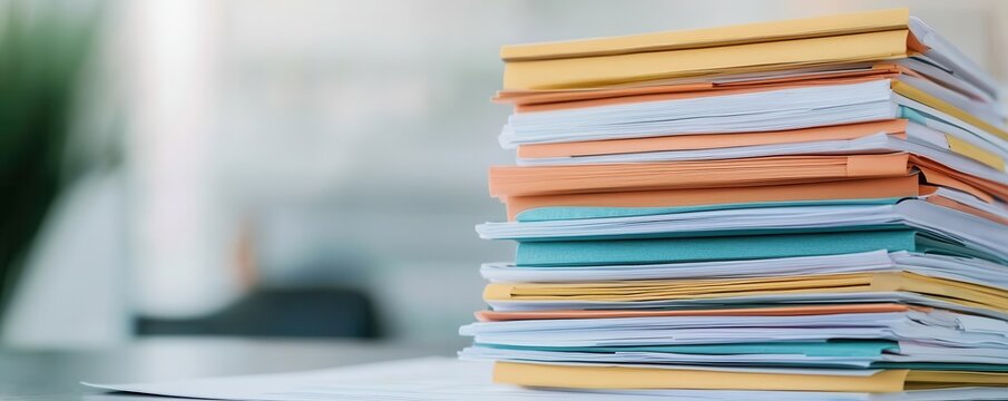 Startup workspace with a stack of resource documents, including legal forms, business plans, and marketing strategies, representing organized planning