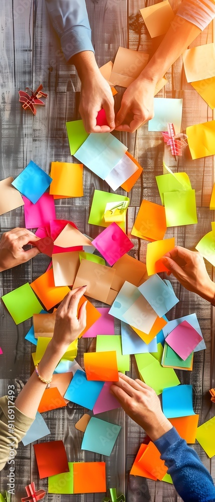 Poster brainstorming session with colorful sticky notes.