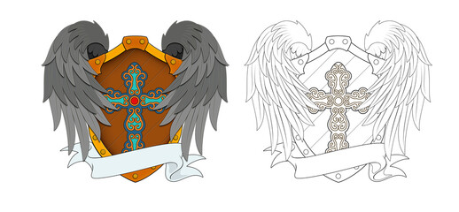 Shield and wings, cross tattoo design, clean line work completed, transparent background 건대타투 문신도안 방패 날개 타투도안