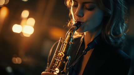 Obraz premium Close-up of a woman playing the saxophone, with the lighting creating an effective play of light on the instrument.