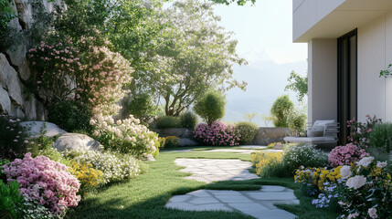 Fototapeta premium A stunning private garden filled with a variety of flowers and lush plants, decorated in muted neutral colours. 