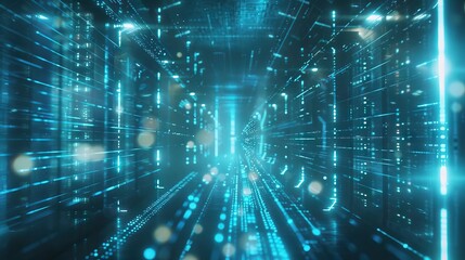 3D Render: Data Technology Center Server Racks in Dark Room with VFX. Detailed Visualization Concept of Internet of Things, Data Flow. AI generated illustration