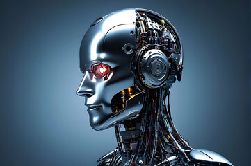 Futuristic Cybernetic Robot Head Made of Metal and Wires, Highly Detailed